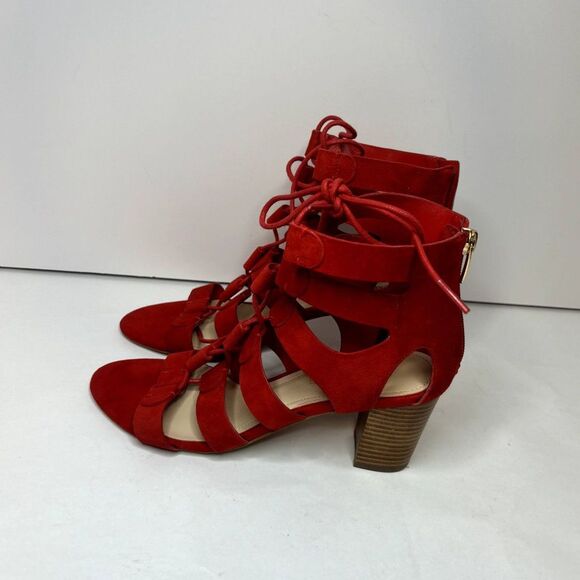 Marc Fisher Red Leather Suede Strappy Lace Heeled Sandals Zip Womens Designer - Picture 7 of 8